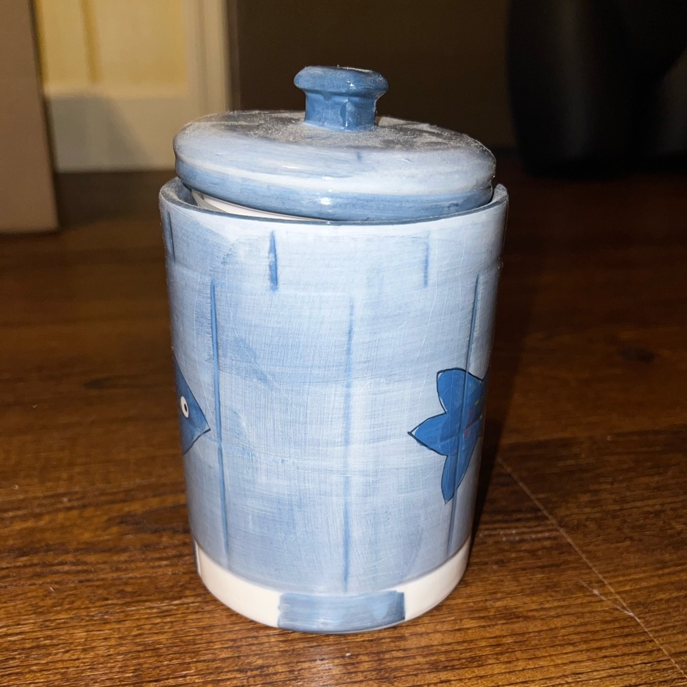 September Inc. Hand Painted Ceramic Nautical Blue Art Deco Jar W/ Lid Vintage - Picture 4 of 12